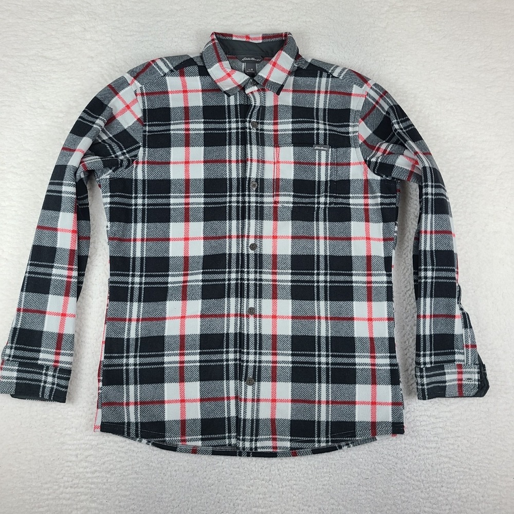 Eddie Bauer Shirt Mens Medium Black Red Plaid Soft Cotton Flannel Button Up